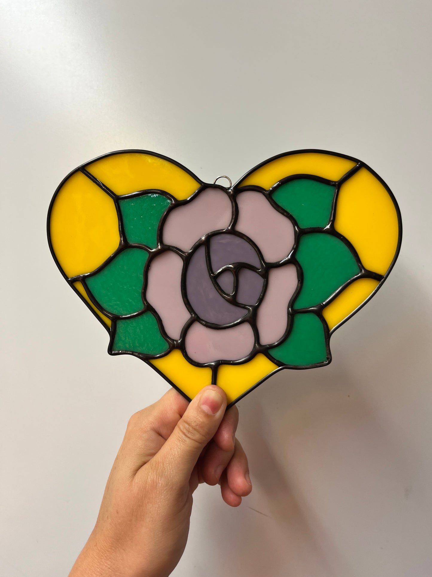 Opaque rose heart stained glass suncatcher