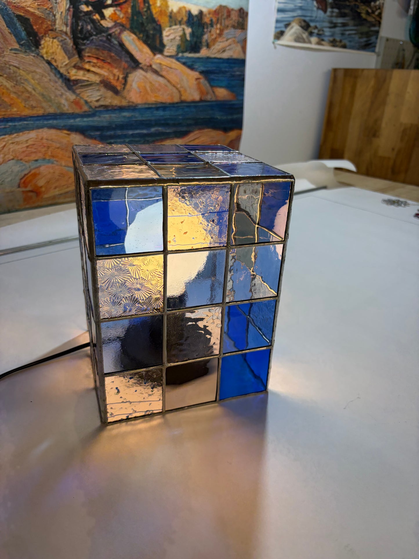 Blue and clear stained glass lamp