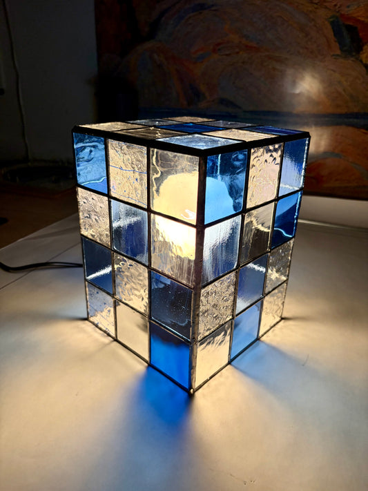 Blue and clear stained glass lamp